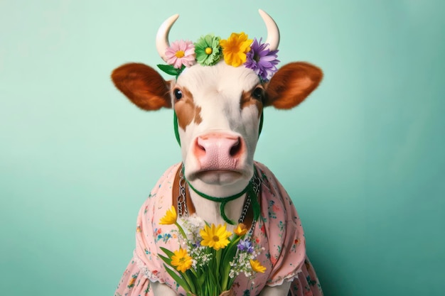 uma vaca vestida com traje de primavera e flores de campo frescas