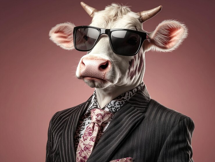 uma vaca vestindo um terno e uma gravata com uma gravata e óculos de sol