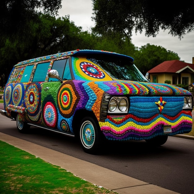 Uma van colorida tem muitos fios de crochê na frente.