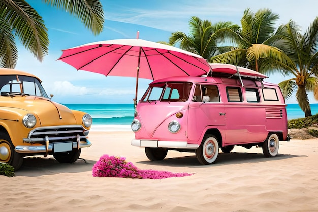 Foto uma van rosa fica em uma praia com um carro amarelo ao fundo, pronto para sair de férias generativo