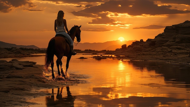 Uma vaqueira está andando a cavalo em direção ao pôr do sol ao lado da praia em um estilo cinematográfico