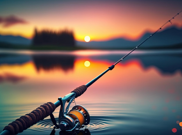 Uma vara de pescar na água com um pôr do sol ao fundo