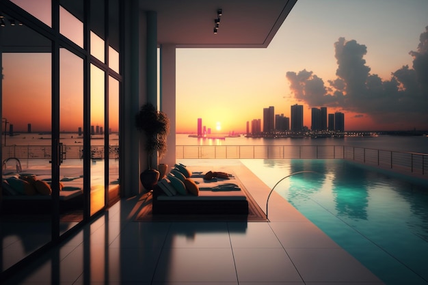 Uma varanda com piscina e vista para o pôr do sol Generative AI