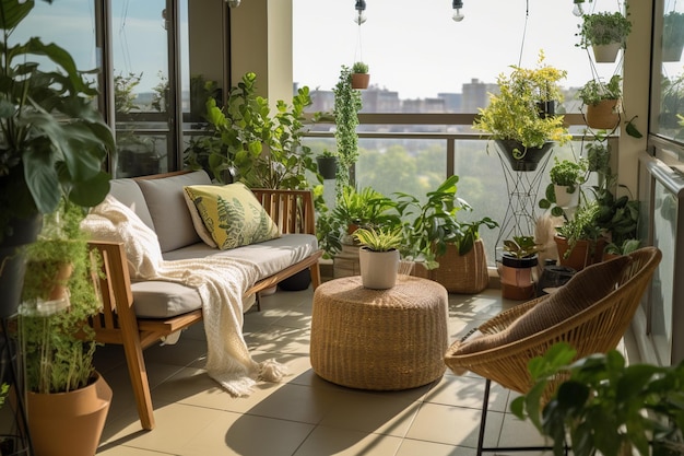 Uma varanda com plantas na varanda e uma cadeira com almofada.