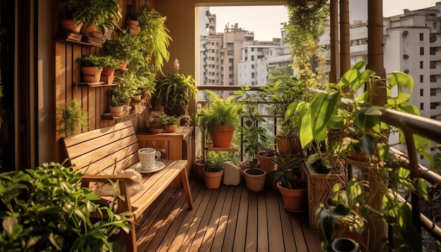 Uma varanda com plantas na varanda