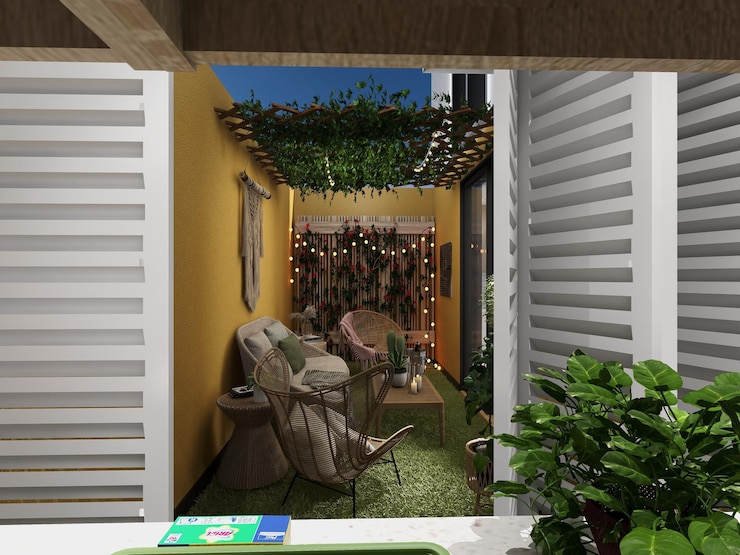 Foto uma varanda com uma planta e uma cadeira com um livro