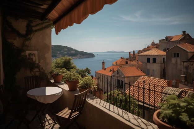 Uma varanda com vista para o mar e para a cidade de dubrovnik.