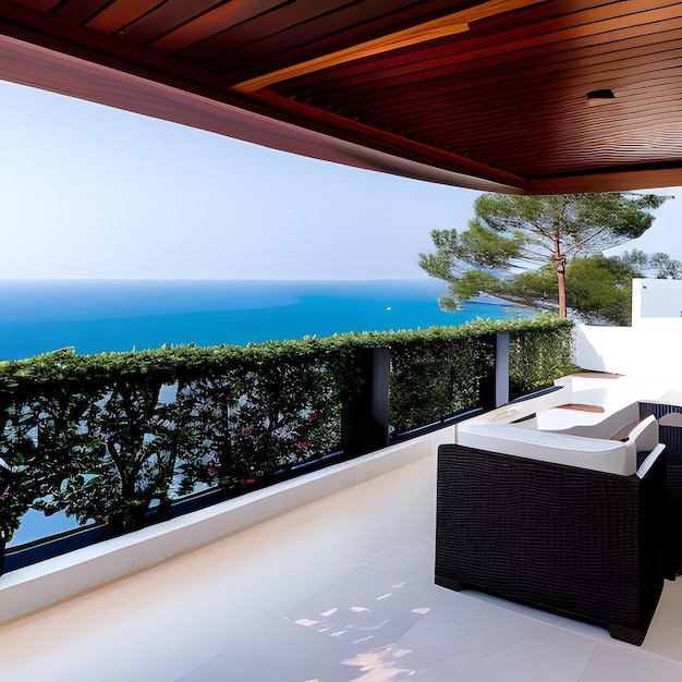 Uma varanda com vista para o mar e um sofá com mesa e cadeiras.