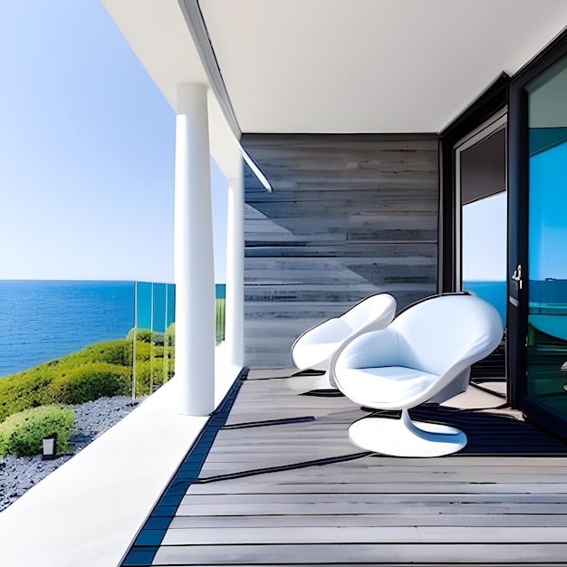 Uma varanda com vista para o mar e uma cadeira branca.