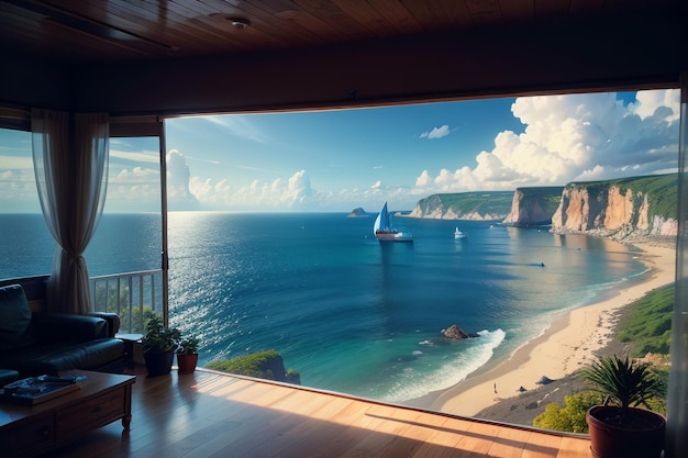 Uma varanda com vista para o mar e uma praia.