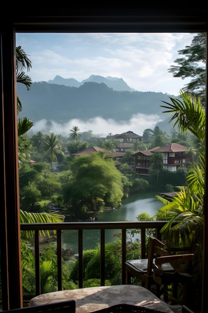 uma varanda com vista para o rio e as montanhas Vista da janela do resort