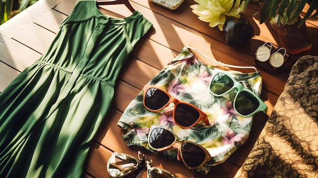 Uma variedade arrumada de vestidos de verão, óculos de sol e sandálias.