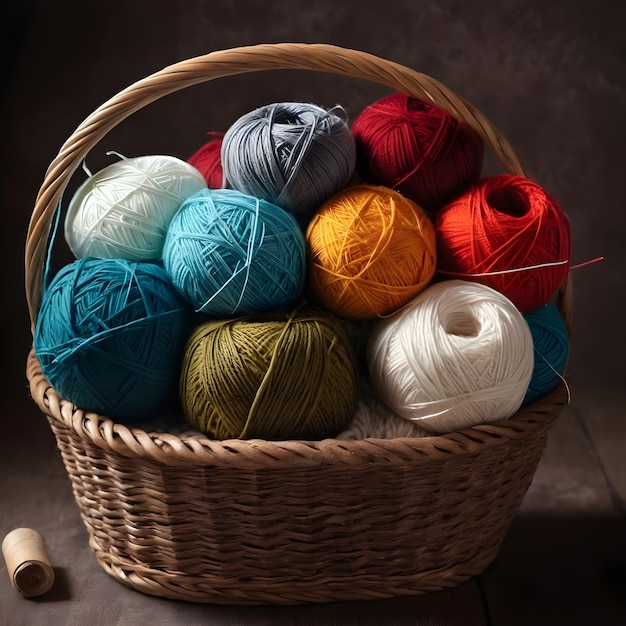 Uma variedade colorida de bolas de fio em uma cesta de tecido para artesanato