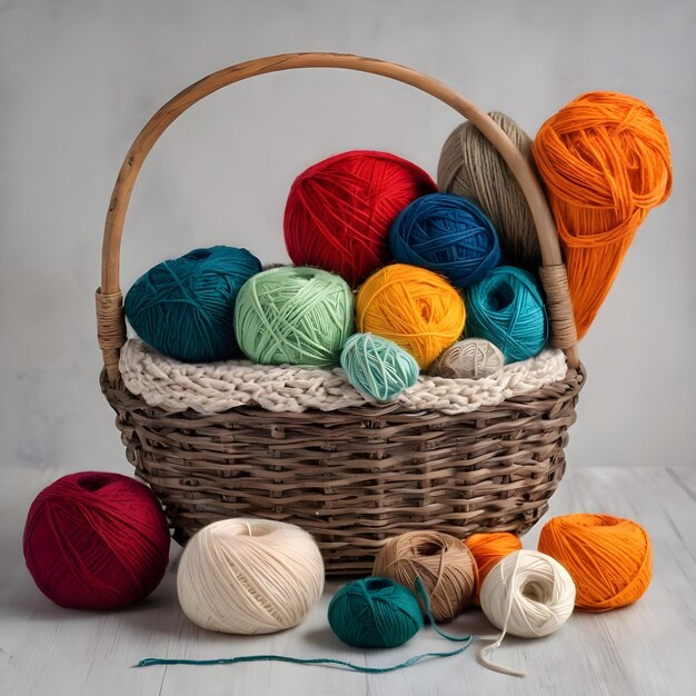 Uma variedade colorida de bolas de fio em uma cesta de tecido para artesanato