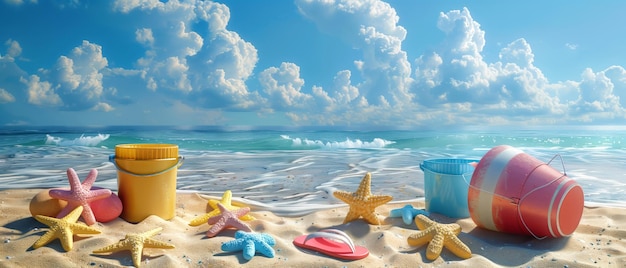 Foto uma variedade colorida de brinquedos de praia e chinelos no papel de parede de bandeira de verão de areia
