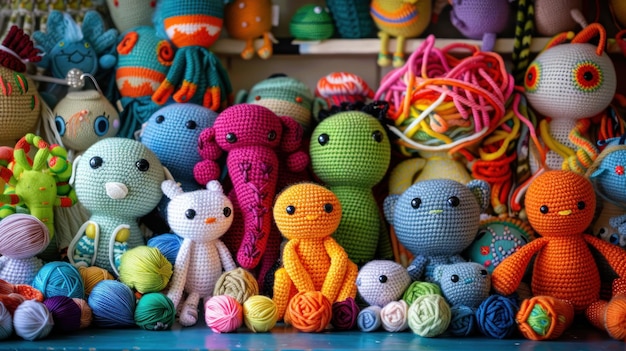 Uma variedade colorida de criaturas amigurumi exibidas ao lado de seus fios e ganchos