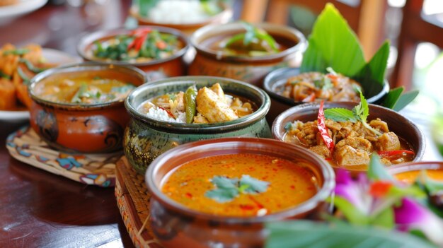 Uma variedade colorida de curry tailandês servido em tigelas tradicionais, incluindo curry verde, curry vermelho e curry massaman, cada um cheio de sabor
