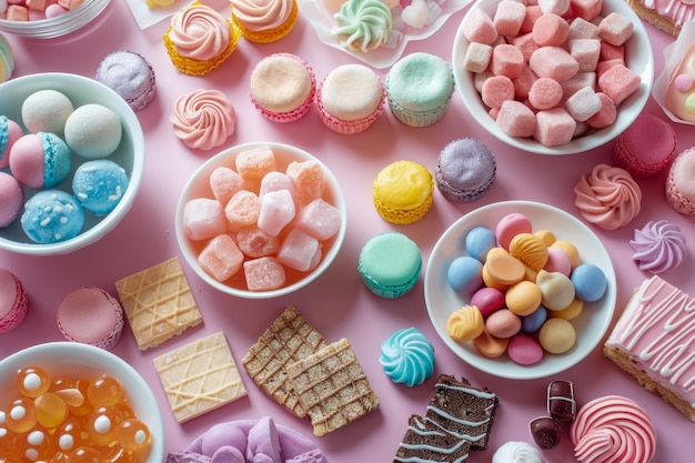 Uma variedade colorida de doces e doces em fundo rosa Uma variedade de doces de açúcar