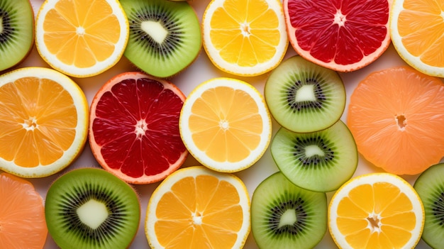 Uma variedade colorida de fatias de frutas frescas dispostas em um padrão