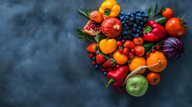 Uma variedade colorida de frutas e legumes frescos