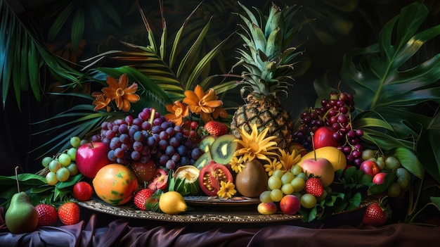 Uma variedade colorida de frutas tropicais em um prato Uma exibição vibrante de fatias de frutos tropicais artisticamente dispostas em um fundo colorido iluminado com luz natural