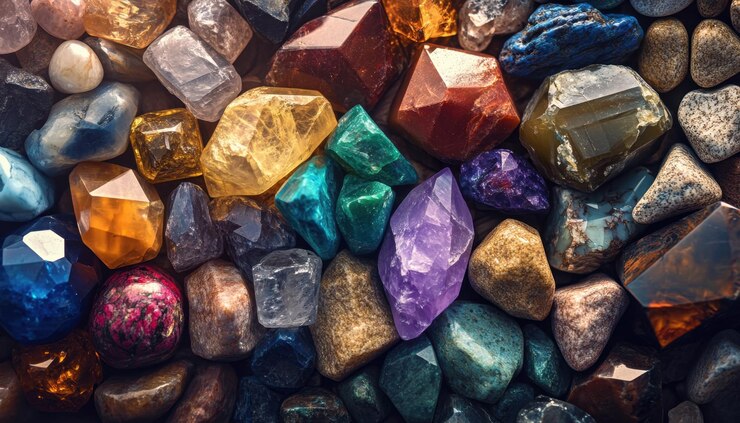 Foto uma variedade colorida de pedras preciosas e cristais naturais numa superfície