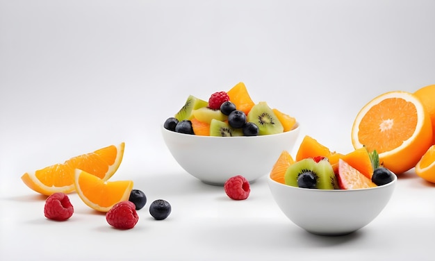 Uma variedade colorida de salada de frutas frescas numa tigela branca numa superfície limpa