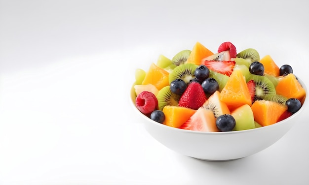 Uma variedade colorida de salada de frutas frescas numa tigela branca numa superfície limpa