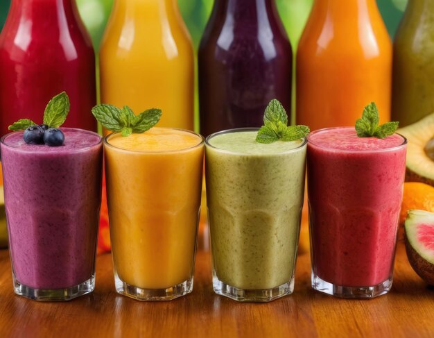 Foto uma variedade colorida de smoothies de frutas frescas