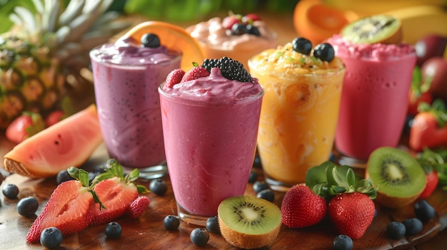 Foto uma variedade colorida de smoothies tropicais, cada um misturando frutas exóticas numa deliciosa mistura.