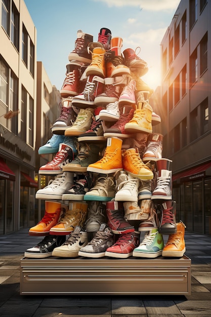 Uma variedade colorida de tênis empilhados acima de uma rua urbana simbolizando uma venda promocional em um ambiente movimentado da cidade