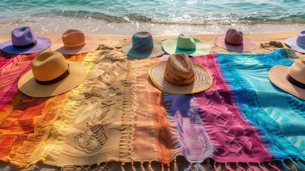 Foto uma variedade colorida de toalhas de praia e chapéus de sol espalhados pela areia uma tapete vibrante contra o fundo do mar