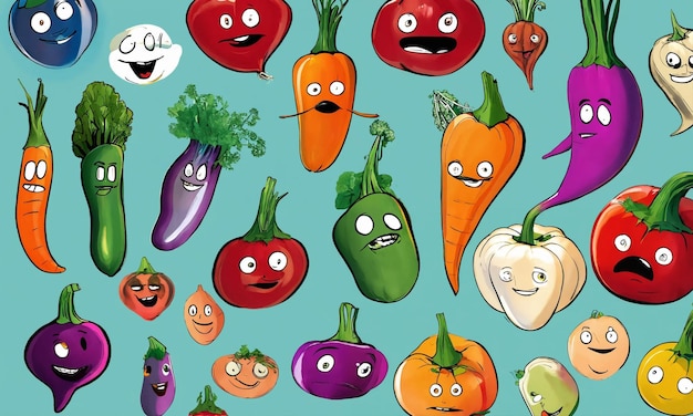 Uma variedade colorida de vegetais de jardim com rostos comicamente animados sugerindo emoções e histórias