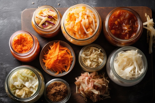 Uma variedade de alimentos fermentados, incluindo chucrute kimchi e missô criados com ai generativo