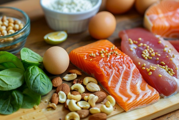 Foto uma variedade de alimentos, incluindo nozes de salmão e nozes