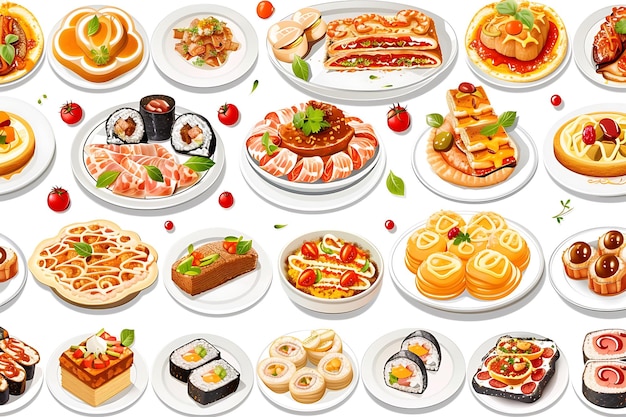 uma variedade de alimentos, incluindo sushi sushi e outros itens