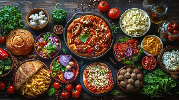 uma variedade de alimentos, incluindo vegetais de pizza e outros alimentos