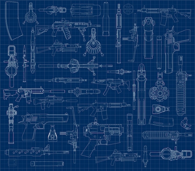 Uma variedade de armas em um estilo de desenho estilizado