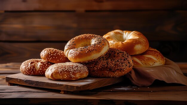 Uma variedade de bagels recém-cozidos em uma tábua de madeira