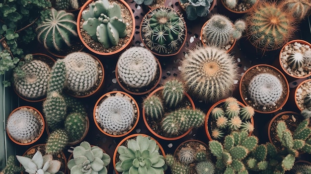 Uma variedade de cactos em vasos