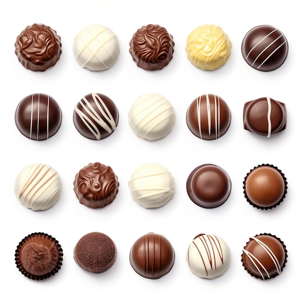 Uma variedade de chocolates de diferentes formas e tamanhos
