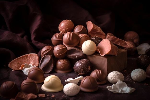 Uma variedade de chocolates finos Bombons de chocolate com vários recheios gerados por IA