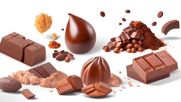 Uma variedade de chocolates, incluindo manteiga de amendoim e barra de chocolate.
