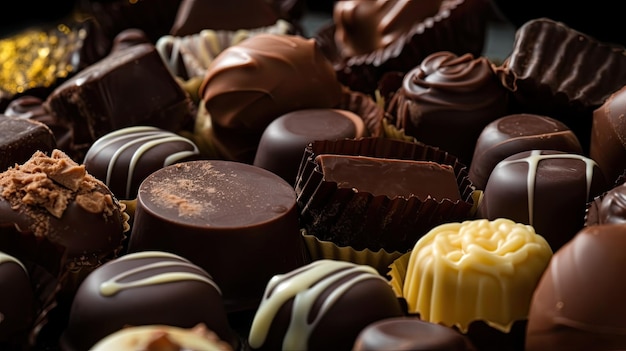 Uma variedade de chocolates são exibidos em uma vitrine de vidro.