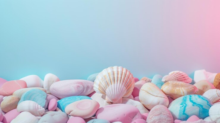 Foto uma variedade de conchas e pedras coloridas estavam dispostas sobre um fundo pastel em gradiente, evocando uma sensação de verão e serenidade à beira-mar