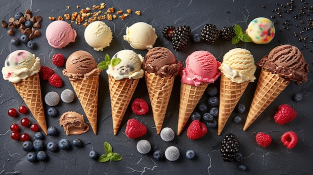 Uma variedade de cones de sorvete gourmet com várias coberturas e sabores