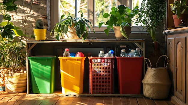 Uma variedade de contentores de reciclagem são colocados em uma sala brilhante e ensolarada