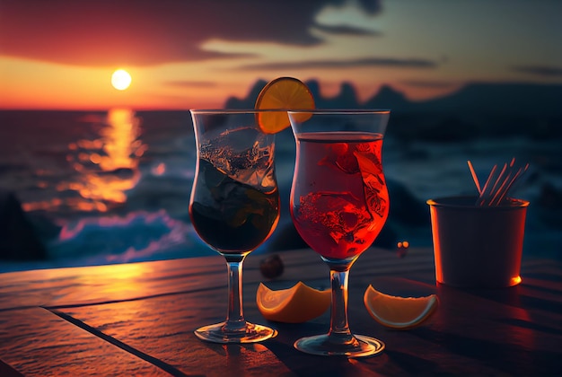 Uma variedade de coquetéis alcoólicos com a praia ao pôr do sol na ilustração de fundo Generative AI