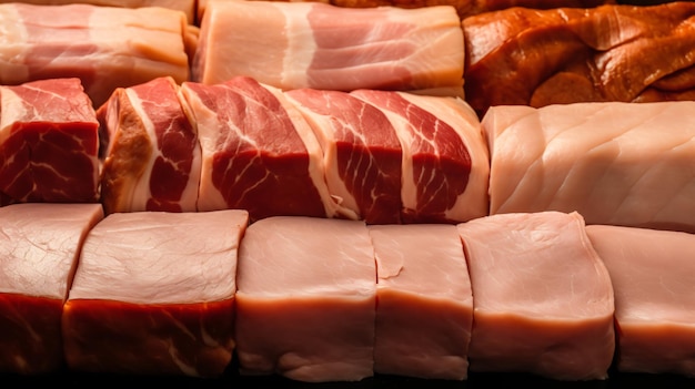 uma variedade de cortes de carne de porco frescos acentuando a cor da textura e a variedade de produtos suínos disponíveis