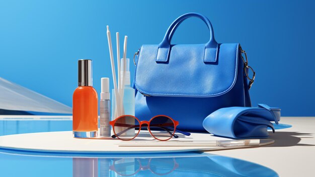 Uma variedade de cosméticos e produtos de maquiagem em um fundo azul